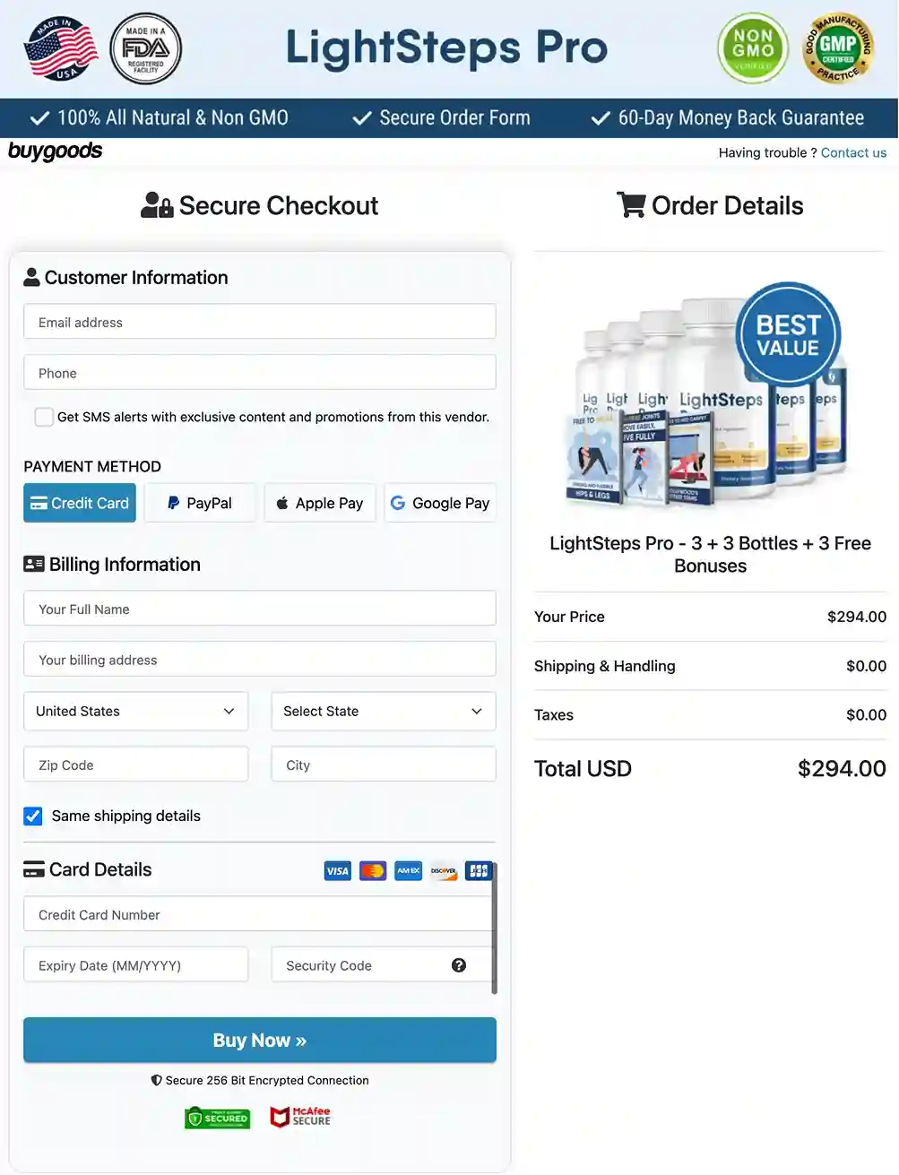 LightSteps Pro secure payment options — Visa, Mastercard, American Express, Discover